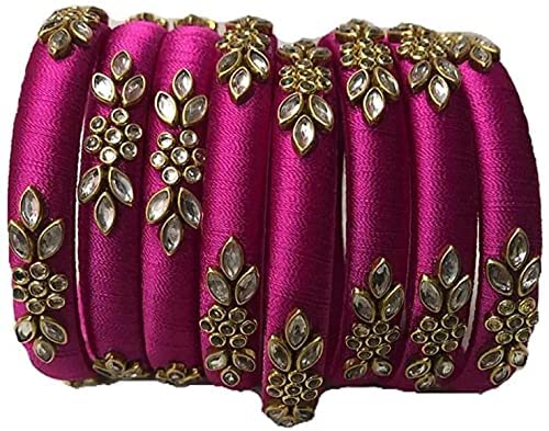 Sihan Kundan Work Silk Thread Bangle Girls Women 8 PC Set Wedding & Festive Occasion Stone Studded ((DP, 2.6)